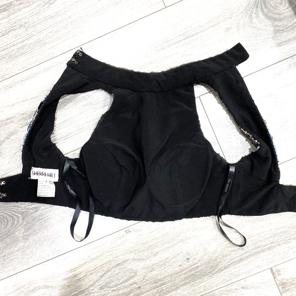 Sherri Hill Size 0 Beaded Cropped Halter Top Bustier Black Blue Gold Crystals - Picture 4 of 7